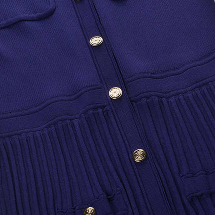 Blue tie-dye fitted knit top with pleats and pockets