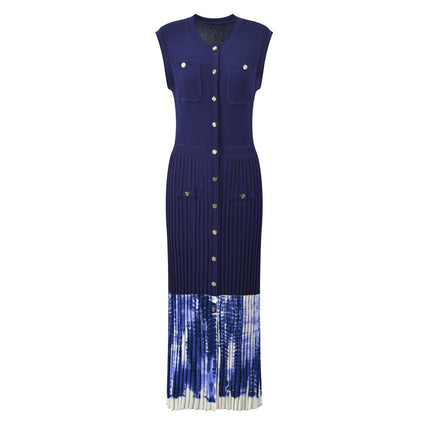 Blue tie-dye pleated button-up top with pockets