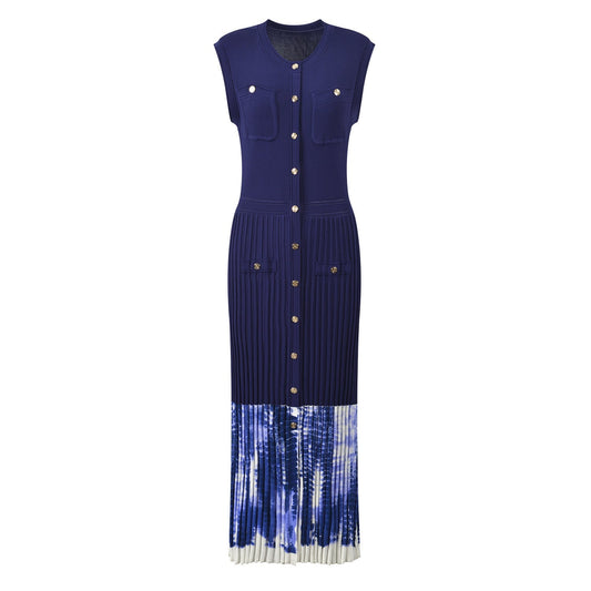 Blue tie-dye pleated button-up top with pockets