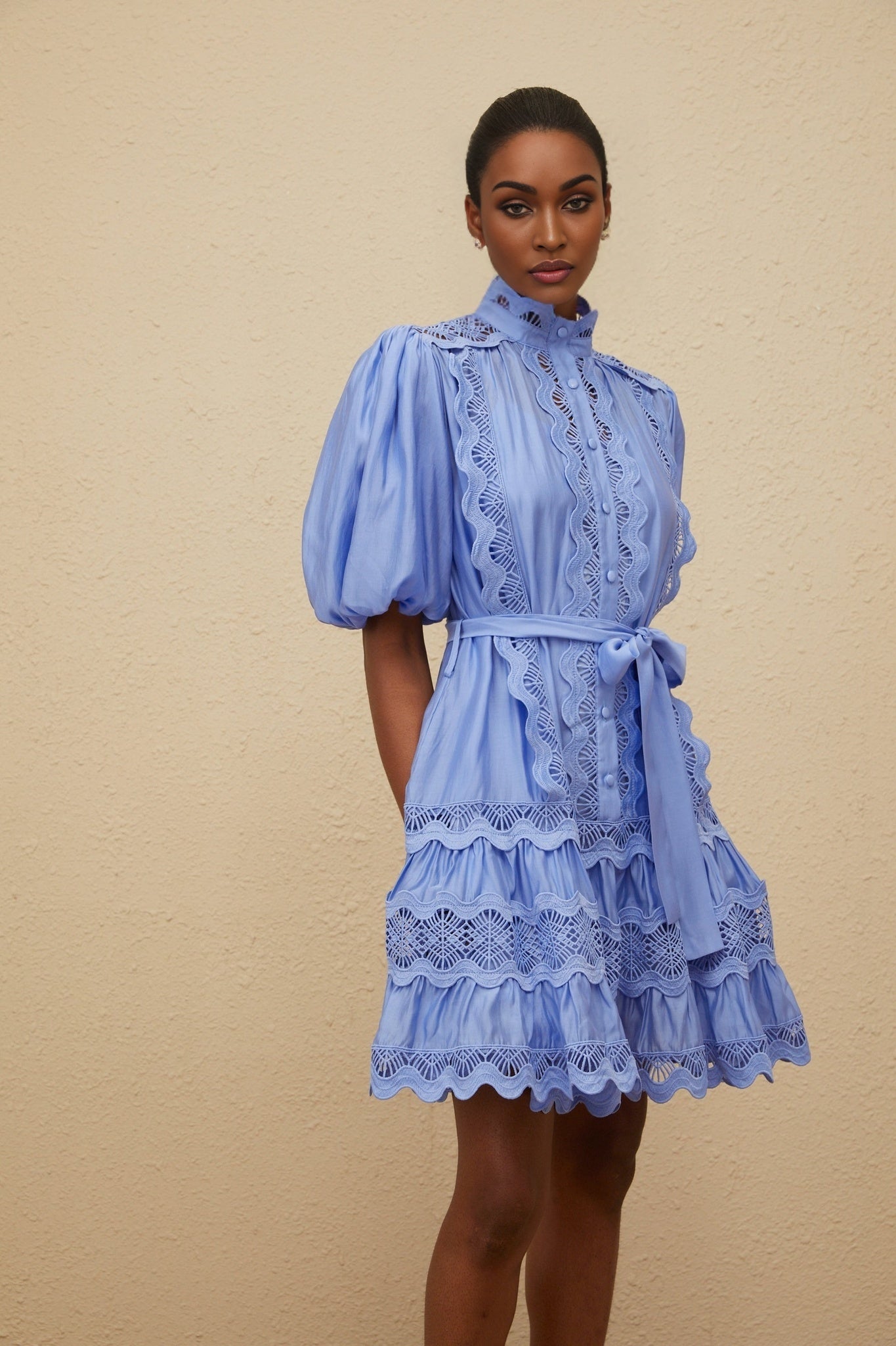 Blue Tiered Design Dress with Cut-Out Detailing and Embroidered Motif