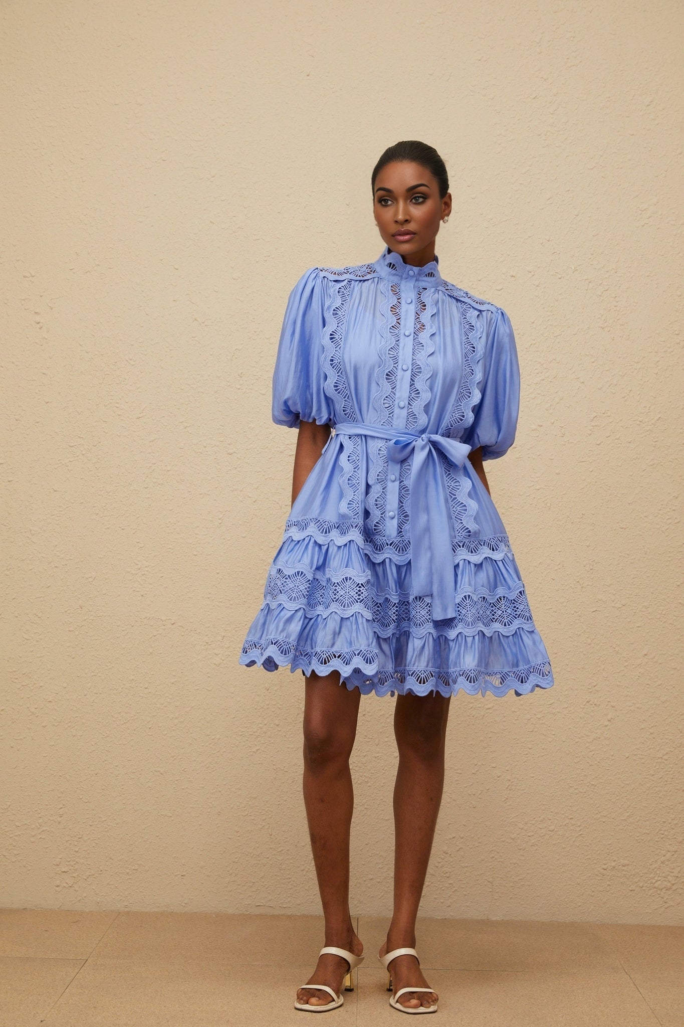 Blue Tiered Design Mock Neck Dress with Cut-Out Detailing
