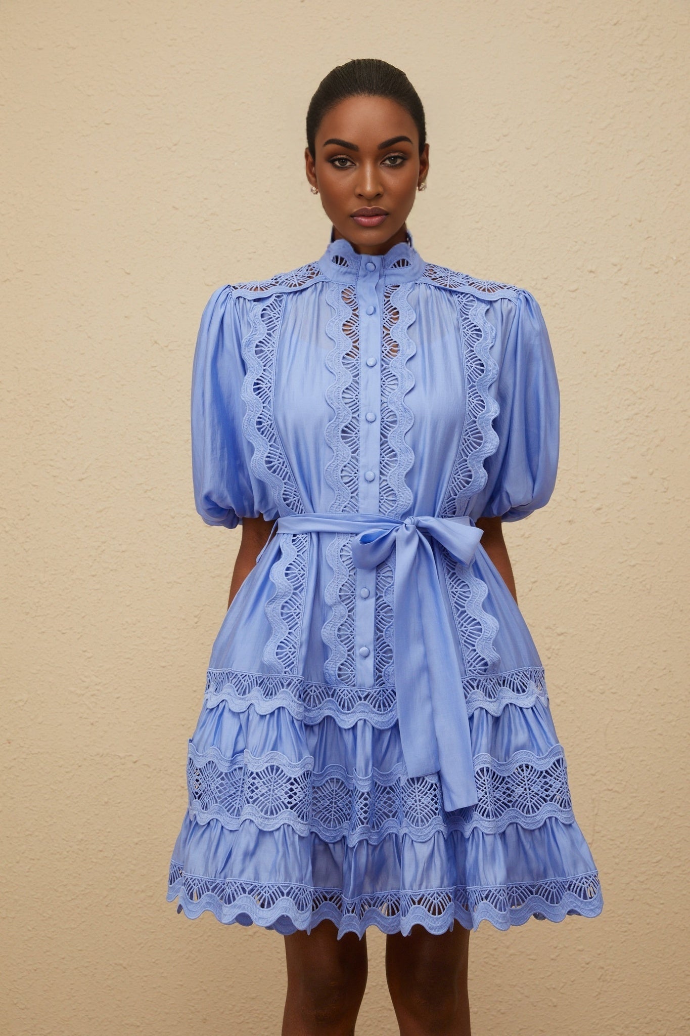 Blue Tiered Embroidered Dress with Cut-Out Detailing