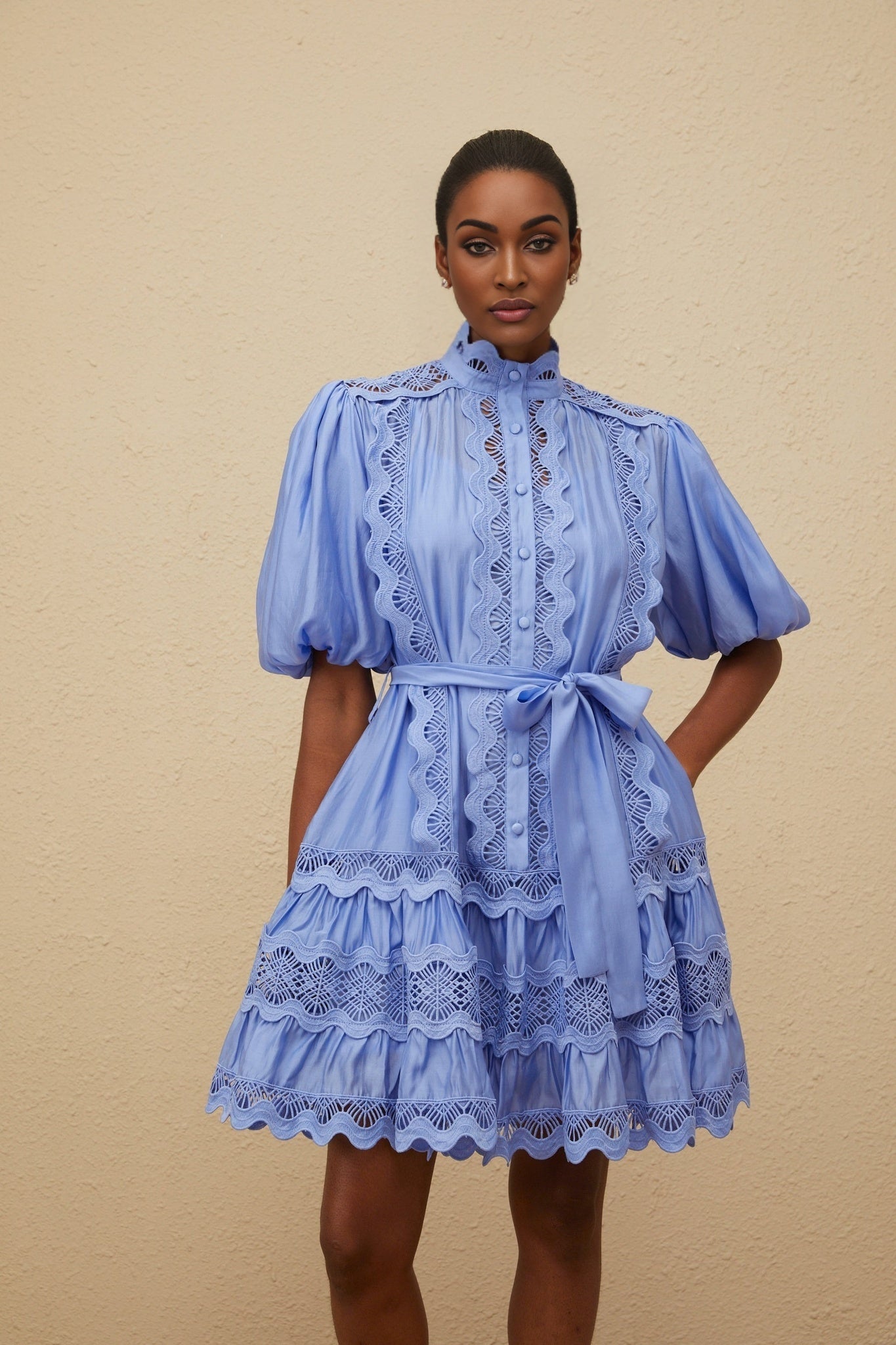 Blue Tiered Embroidered Dress with Cut-out Detailing