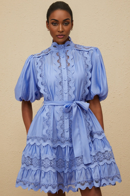 Blue Tiered Embroidered Dress with Cut-out Detailing and Puff Sleeves