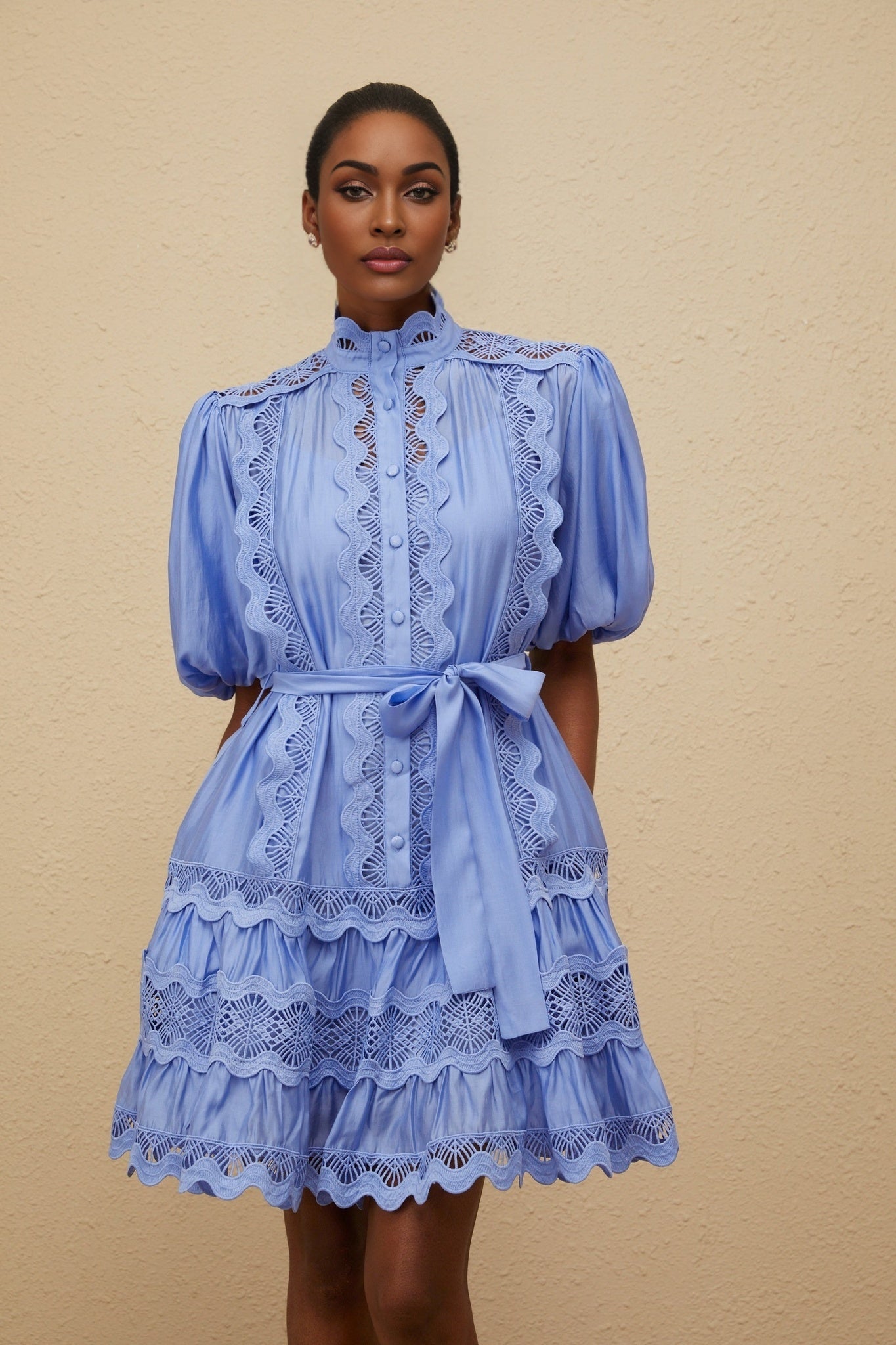 Blue Tiered Embroidered Dress with Cut-out Detailing