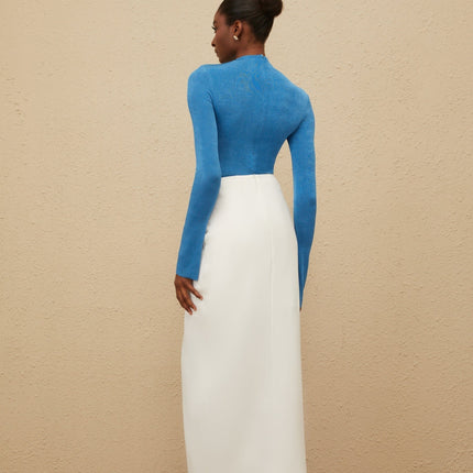 Blue turtleneck bodysuit with long sleeves and rear zip fastening