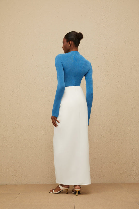 Blue turtleneck bodysuit with long sleeves and rear zip fastening