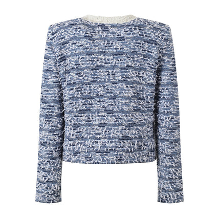 Blue tweed blazer with white accents tailored silhouette