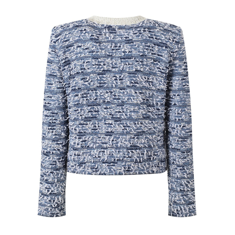 Blue tweed blazer with white accents tailored silhouette