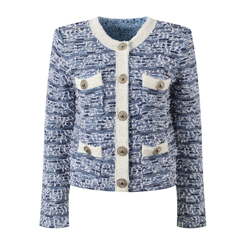 Blue tweed blazer with white accents tailored silhouette