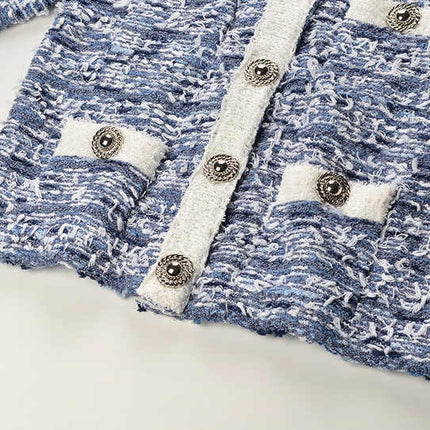 Blue tweed blazer with white accents tailored silhouette