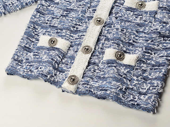 Blue tweed blazer with white accents tailored silhouette