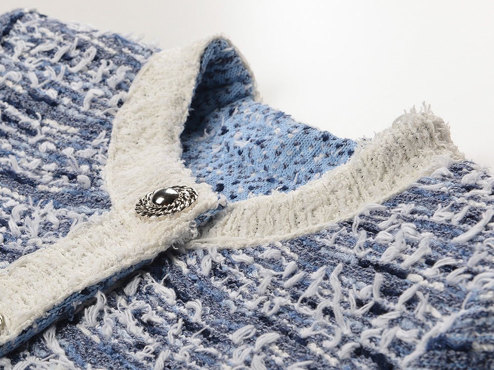 Blue tweed blazer with white accents