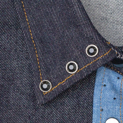 Jane wearing Blue Two-Tone Western Denim Jacket with Lapel Collar and Washed Finish