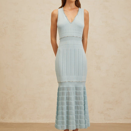 Blue V-neck Sleeveless Knitted Maxi Dress with Rhinestone and Faux-pearl Embellishments