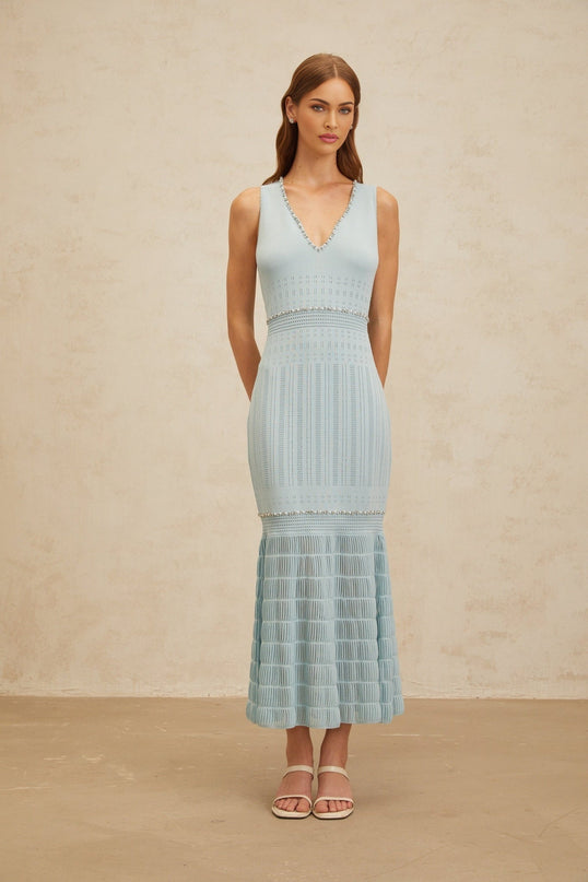 Blue V-neck Sleeveless Knitted Maxi Dress with Rhinestone and Faux-pearl Embellishments