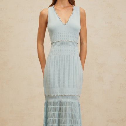 Blue V-neck sleeveless maxi dress with rhinestone and faux-pearl embellishments