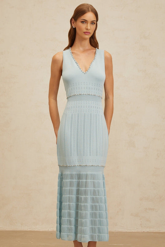 Blue V-neck sleeveless maxi dress with rhinestone and faux-pearl embellishments