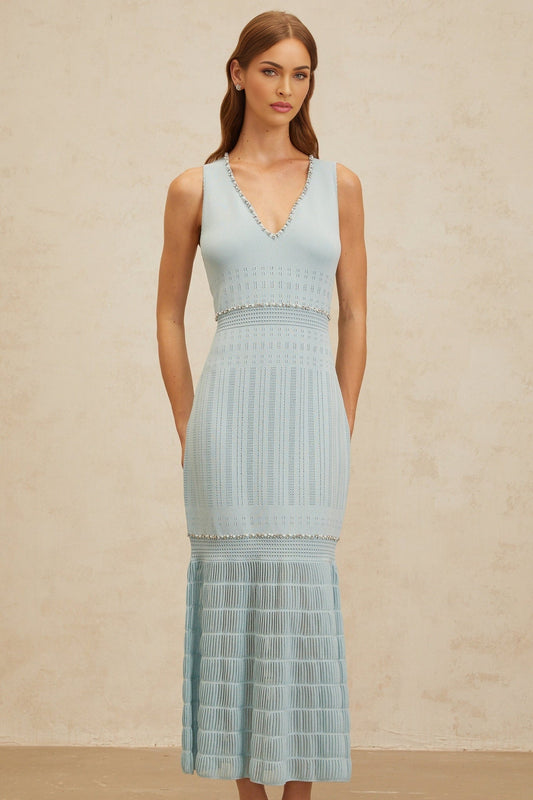 Blue V-neck sleeveless maxi dress with rhinestone and faux-pearl embellishments