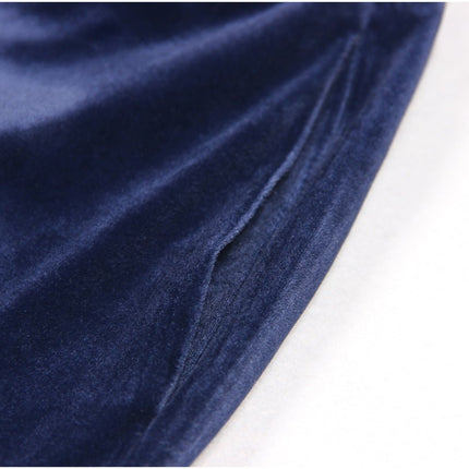Blue velvet double-breasted power suit with gold-tone buttons