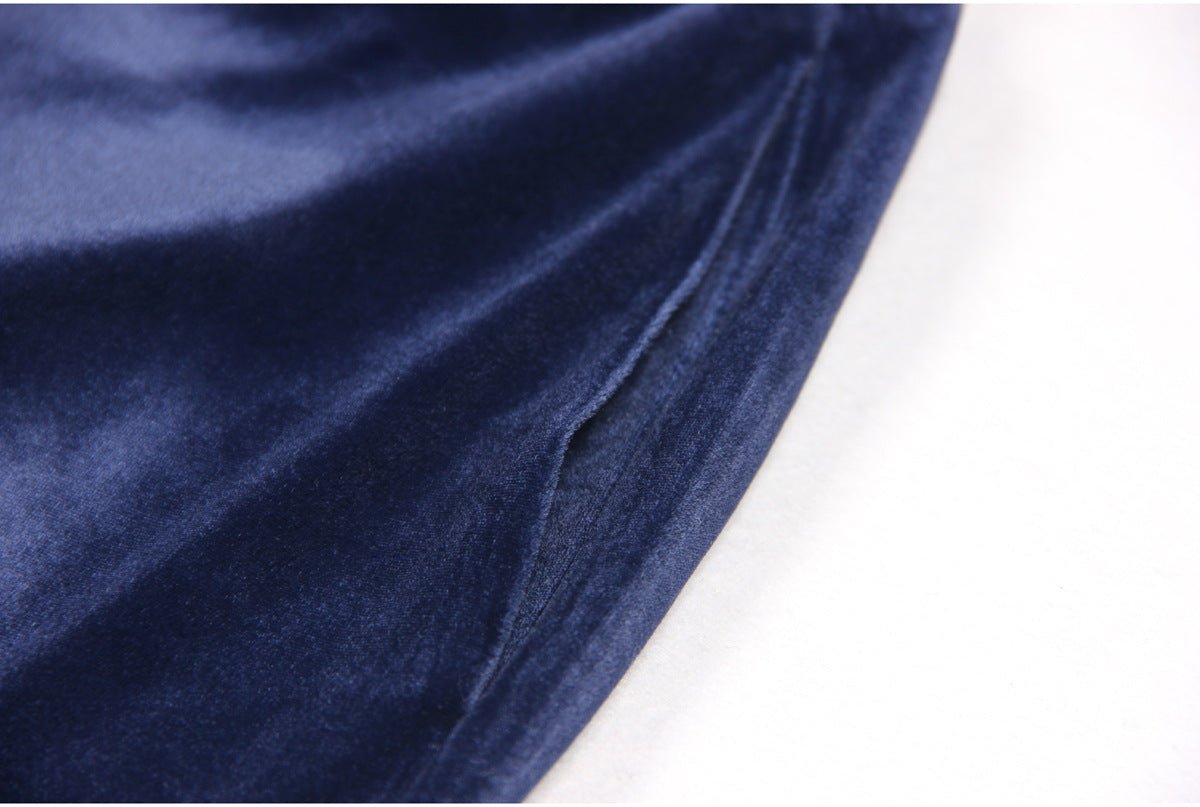 Blue velvet double-breasted power suit with gold-tone buttons