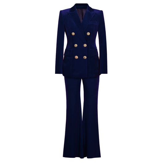Blue velvet double-breasted power suit with gold-tone buttons