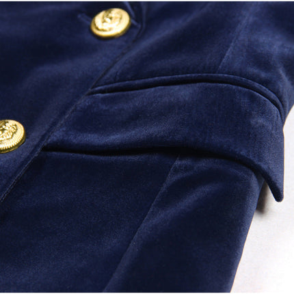 Blue velvet double-breasted power suit with gold-tone buttons