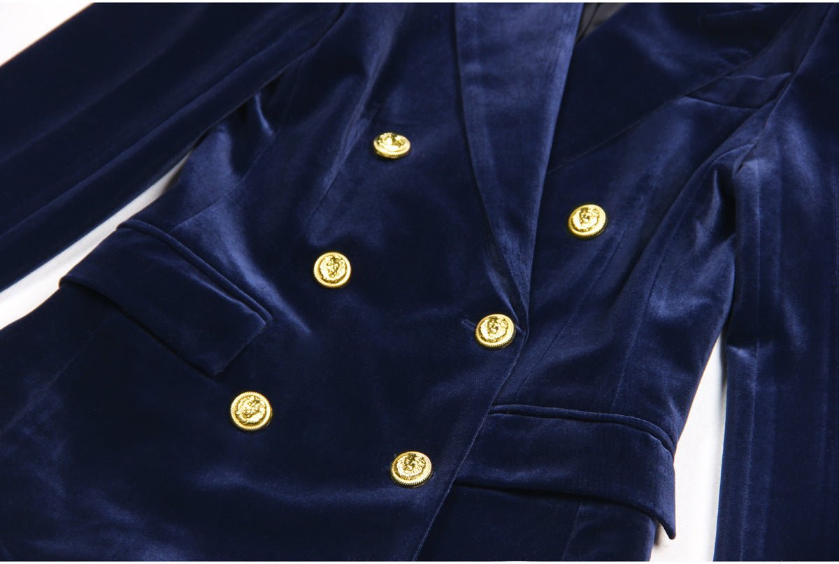 Blue velvet double-breasted power suit with gold-tone buttons