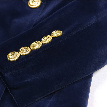 Deep navy blue velvet double-breasted power suit with gold-tone buttons