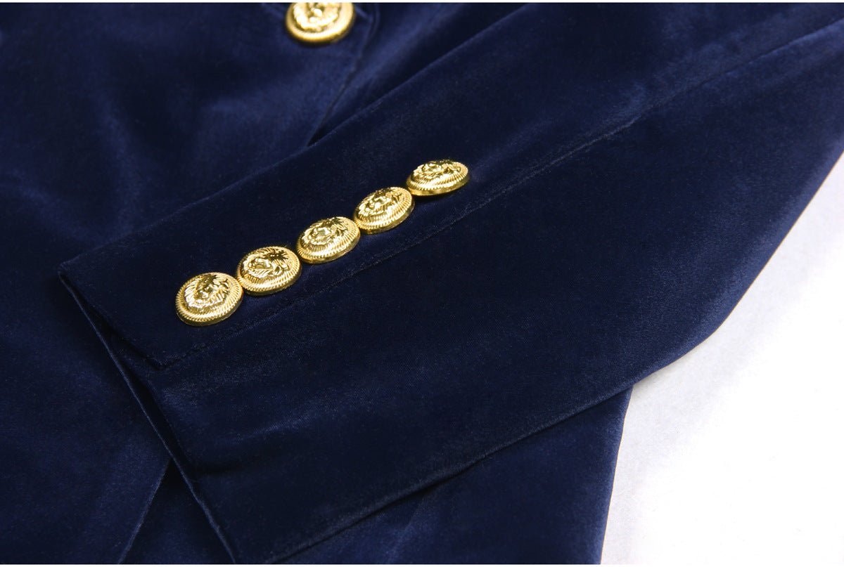 Deep navy blue velvet double-breasted power suit with gold-tone buttons