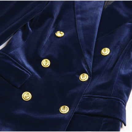 Blue velvet tailored double-breasted blazer with flared trousers