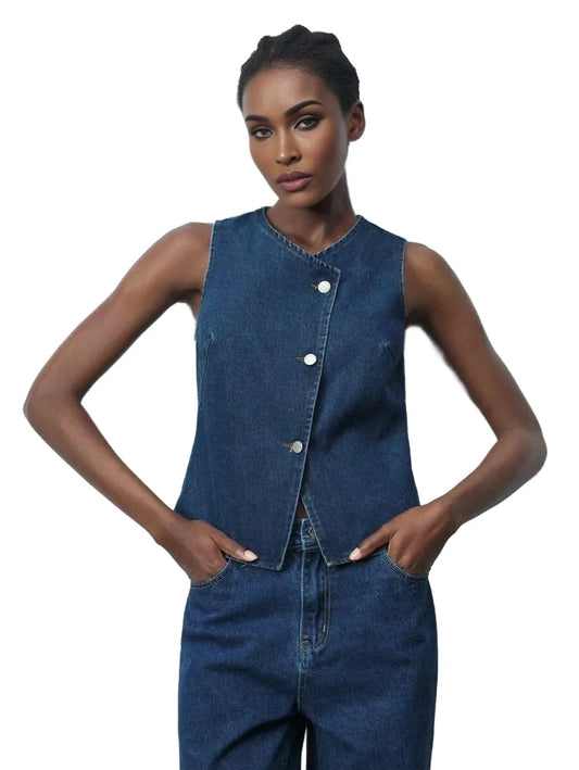 Blue VNeck SingleBreasted Loose Casual Waistcoat Sleeveless Denim Top SpringSummer Western Wear