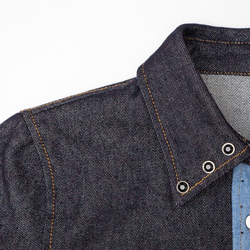 Blue denim jacket with contrast design lapel collar and washed finish