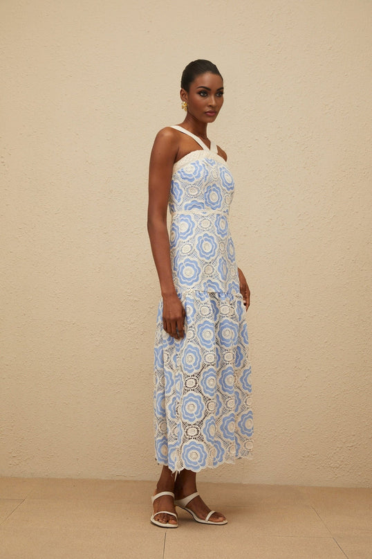 Blue and white embroidered crochet sleeveless midi dress with scallop hem