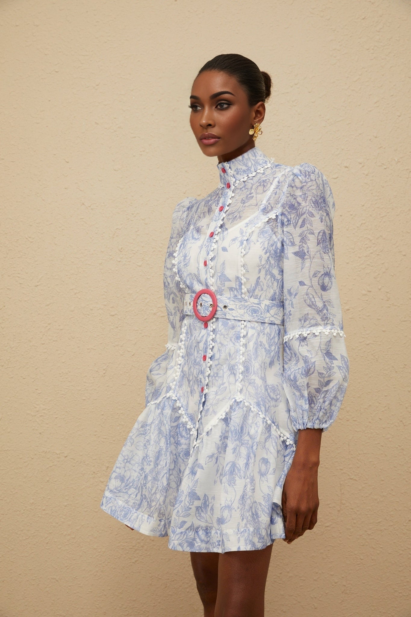 Blue and White Floral Print Mini Dress with Mock Neck and Puff Sleeves