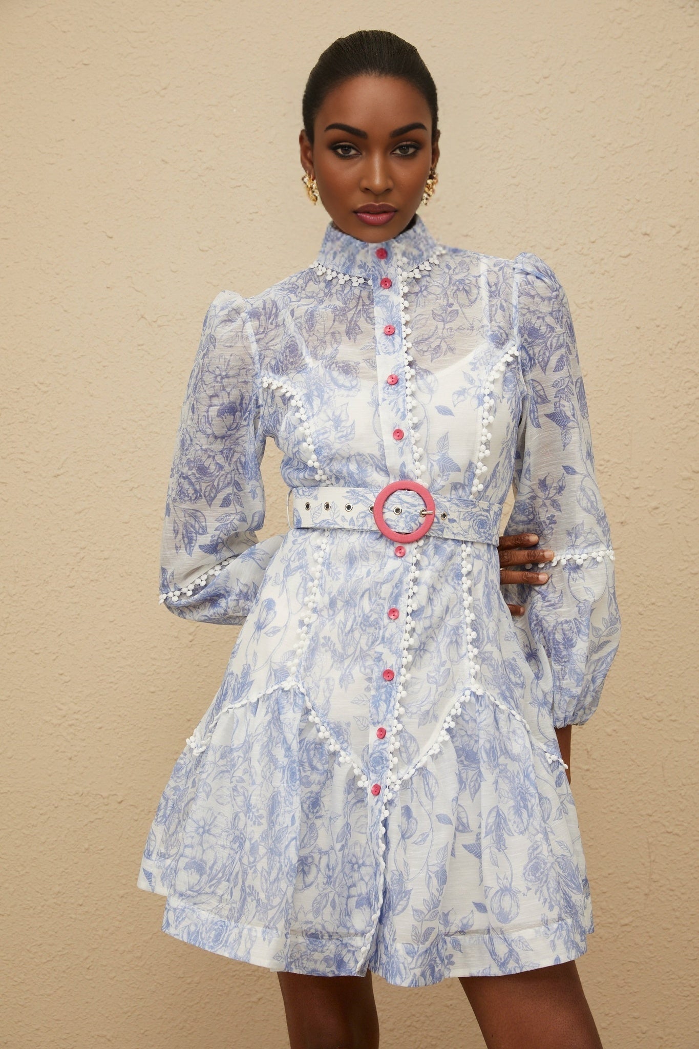 Blue and White Floral Print Mini Dress with Mock Neck and Puff Sleeves