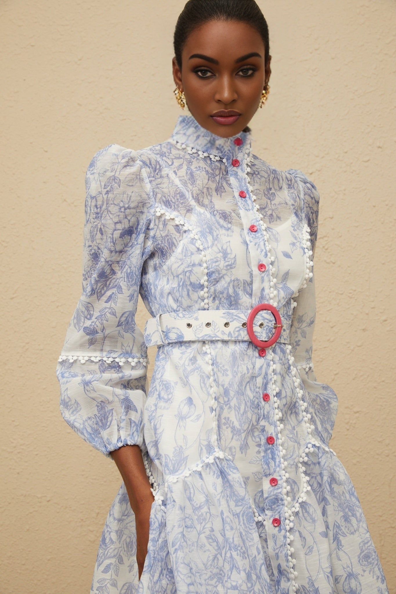 Blue and White Floral Print Mock Neck Dress with Long Puff Sleeves and Belted Waist