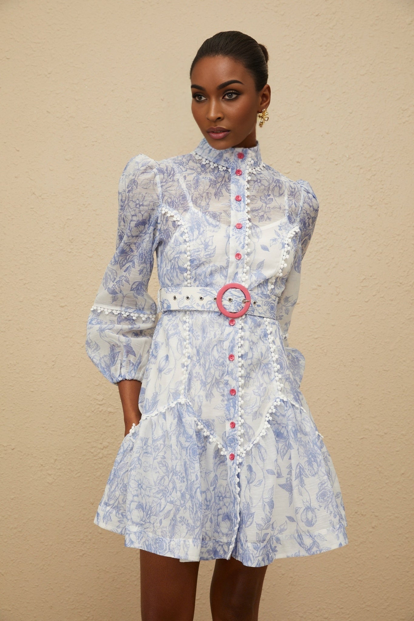 Blue and White Floral Print Mock Neck Mini Dress with Long Puff Sleeves