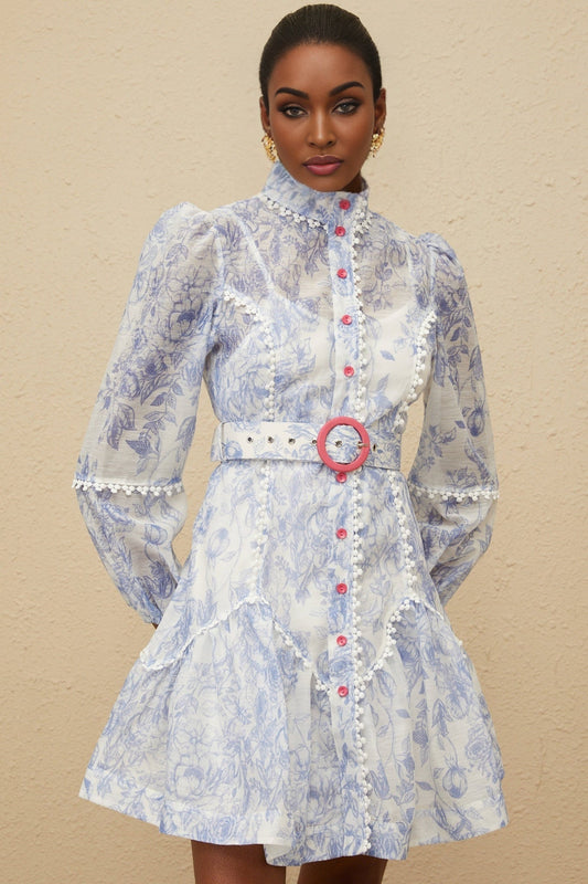Blue and White Floral Print Mock Neck Mini Dress with Long Puff Sleeves and Belted Waist