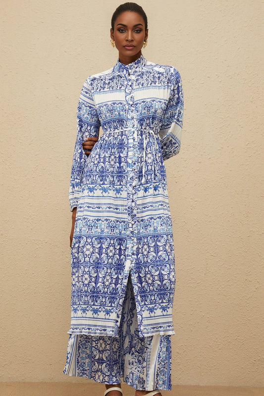 Blue and White Paisley Print Cardigan with Stand-up Collar and Long Sleeves