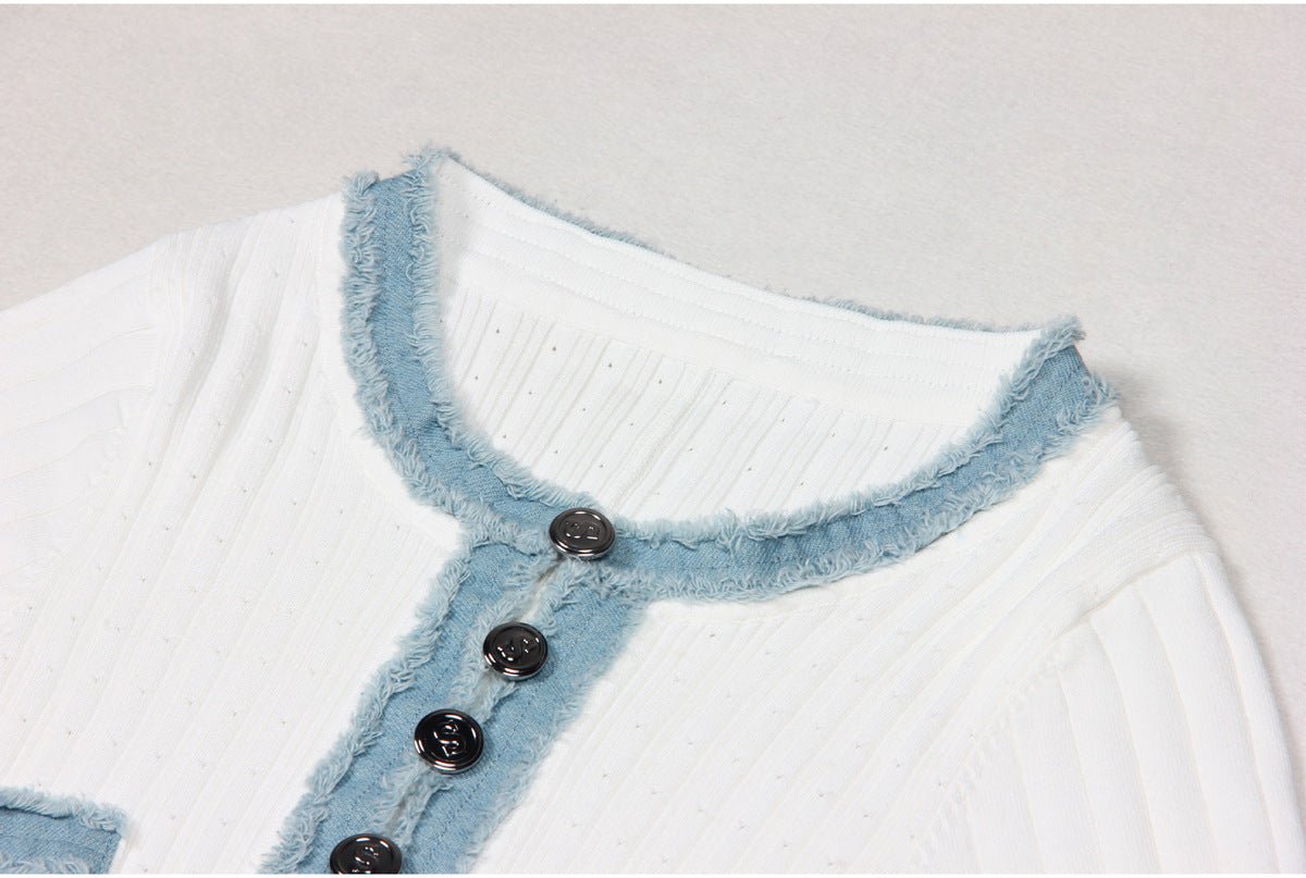 Blue and white ribbed maxi dress with pockets and contrast stitching