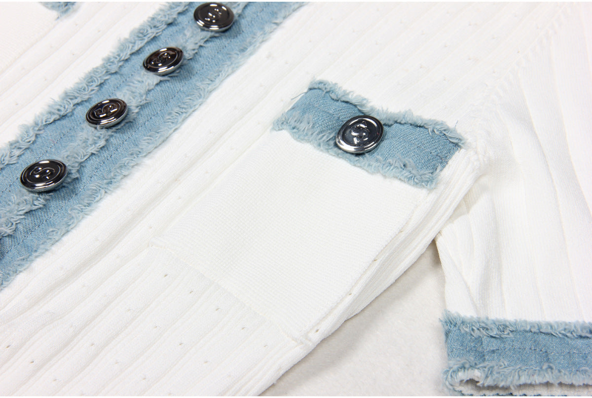 Blue and white ribbed maxi dress with pockets and contrast stitching