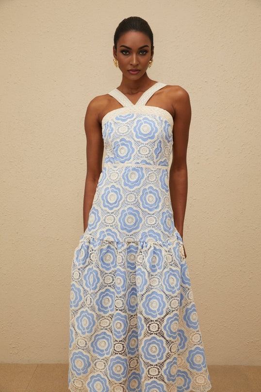Blue and White Sleeveless Crochet Midi Dress with Embroidered Design