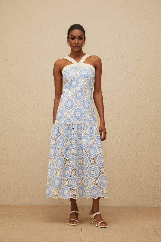 Blue and White Sleeveless Crochet Midi Dress with Embroidered Design