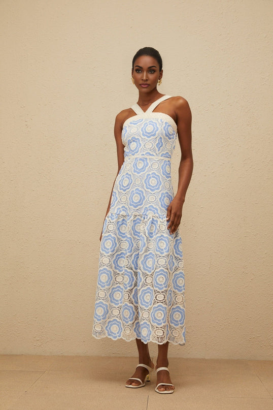 Blue and White Sleeveless Crochet Midi Dress with Embroidered Design
