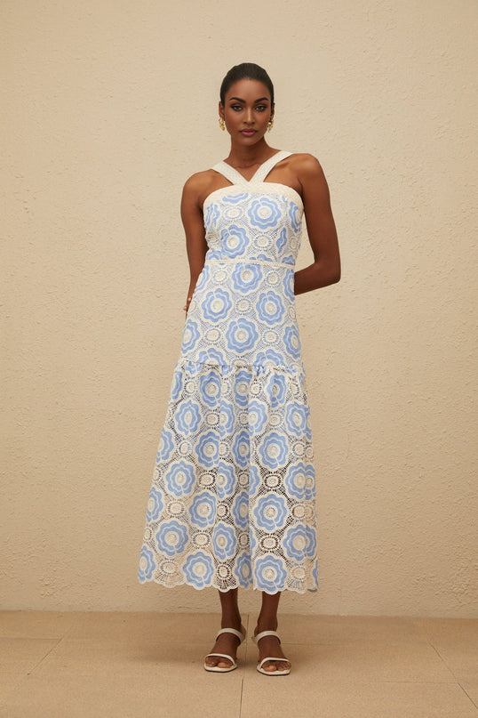 Blue and White Sleeveless Crochet Midi Dress with Embroidered Design
