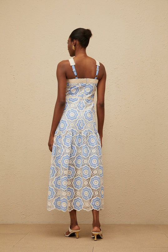 Blue and White Sleeveless Embroidered Crochet Midi Dress with Scallop Hem