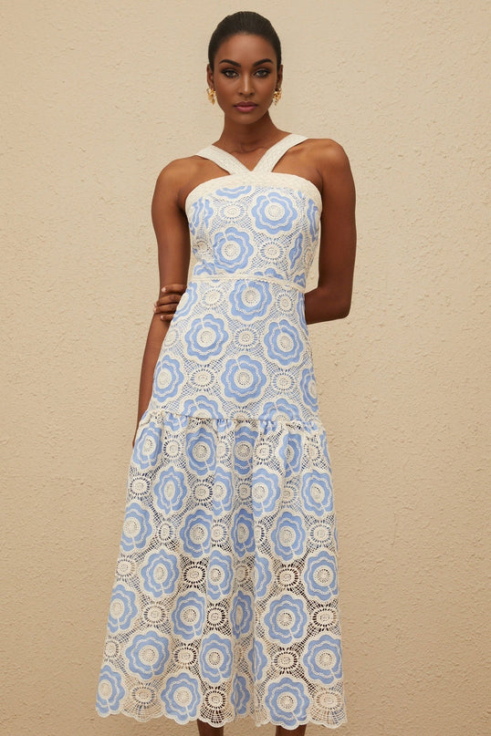 Blue and White Sleeveless Midi Dress with Embroidered Design and Crochet Details