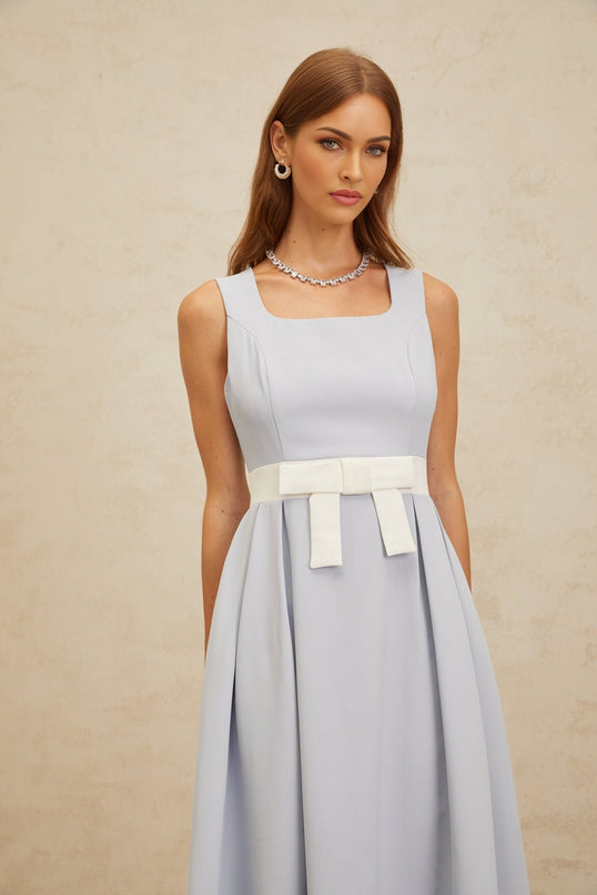 Blue and White Sleeveless Square Neck Midi Dress with Bow Embellishment