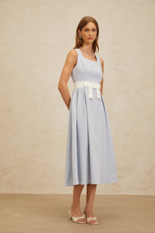 Blue and White Sleeveless Square Neck Midi Dress with Bow Embellishment